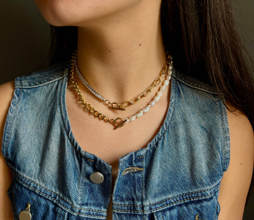 Fresh Water Pearl Chunky Chain T-Bar Necklace – 18ct Gold Plated