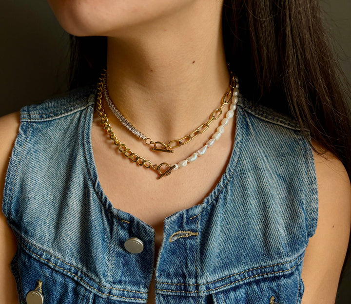 Fresh Water Pearl Chunky Chain T-Bar Necklace – 18ct Gold Plated