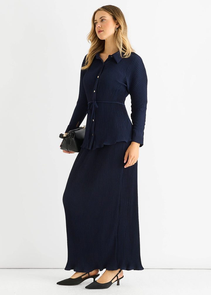 Plisse Elasticated Waist Maxi Skirt | Navy