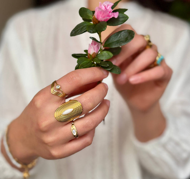 White Jade Adjustable Ring - 18ct Gold Plated