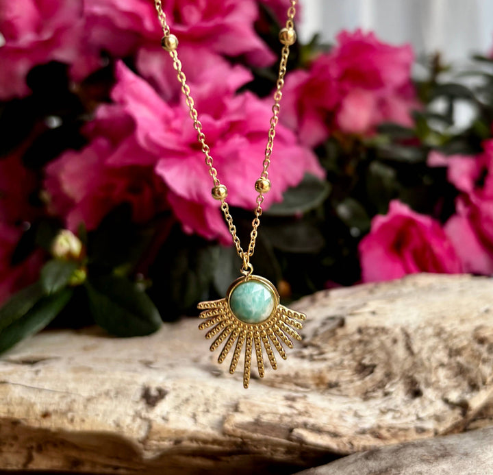 Amazonite Feather Pendant Necklace – 18ct Gold Plated