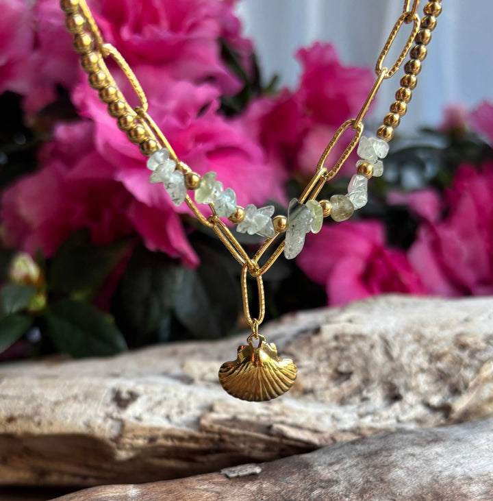 Ocean Ripples 18ct Gold Plated Green Aventurine Shell Bracelet 