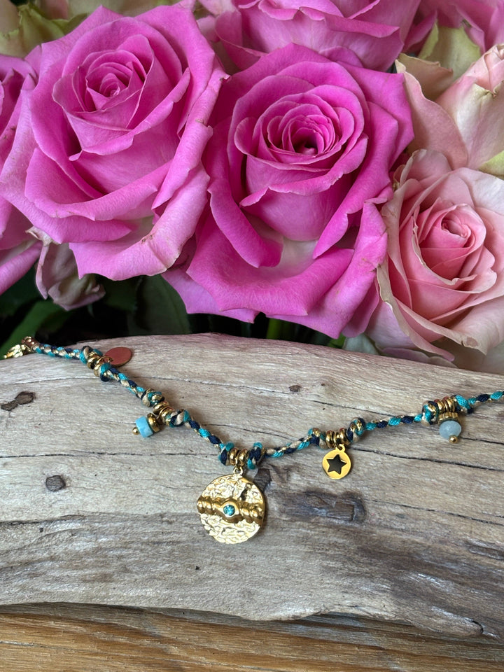 18ct Gold Plated Hammered Disc Rope Bracelet 