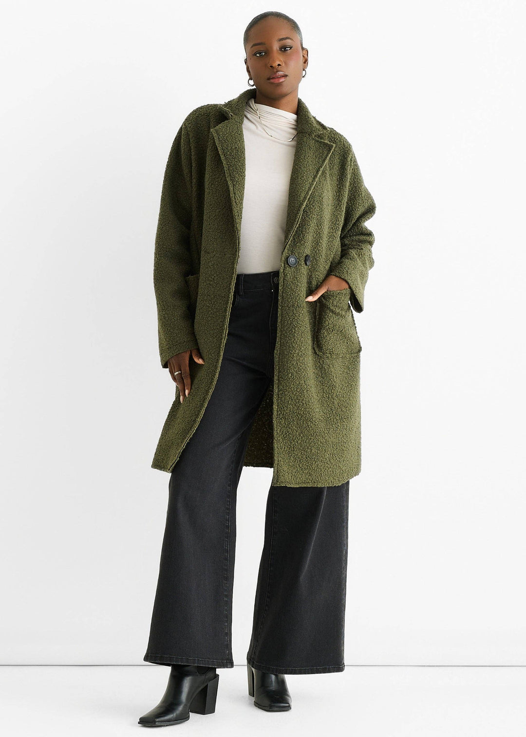 Shearling Mid Length Jacket | Khaki
