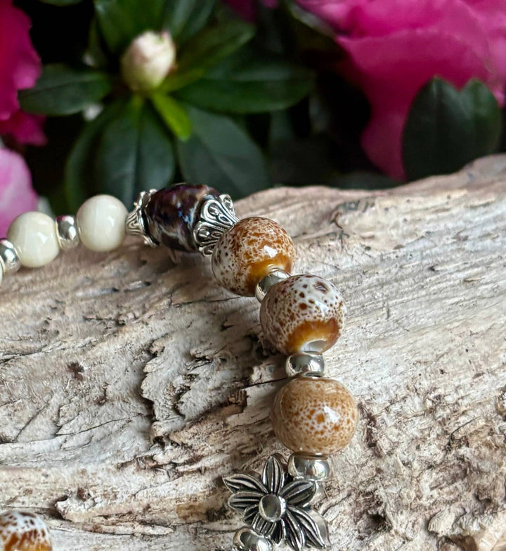 Brown & Beige Ceramic Beads Elastic Bracelet with Tassel