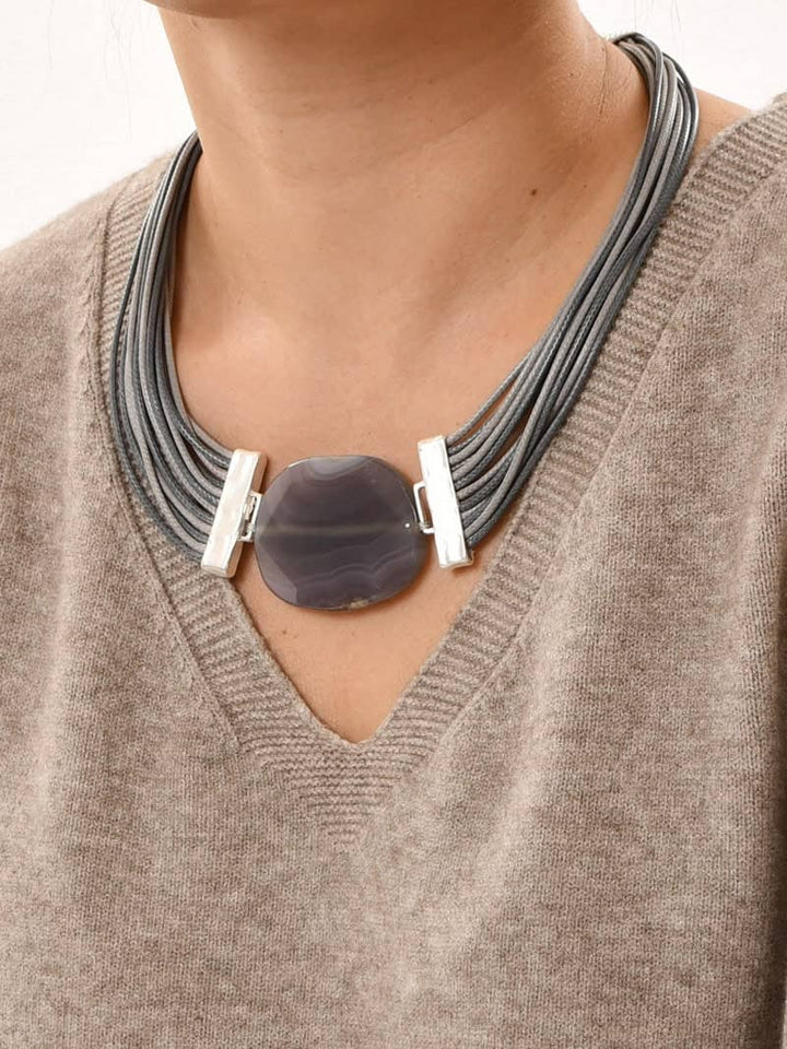 Short Grey Necklace With Precious Stone