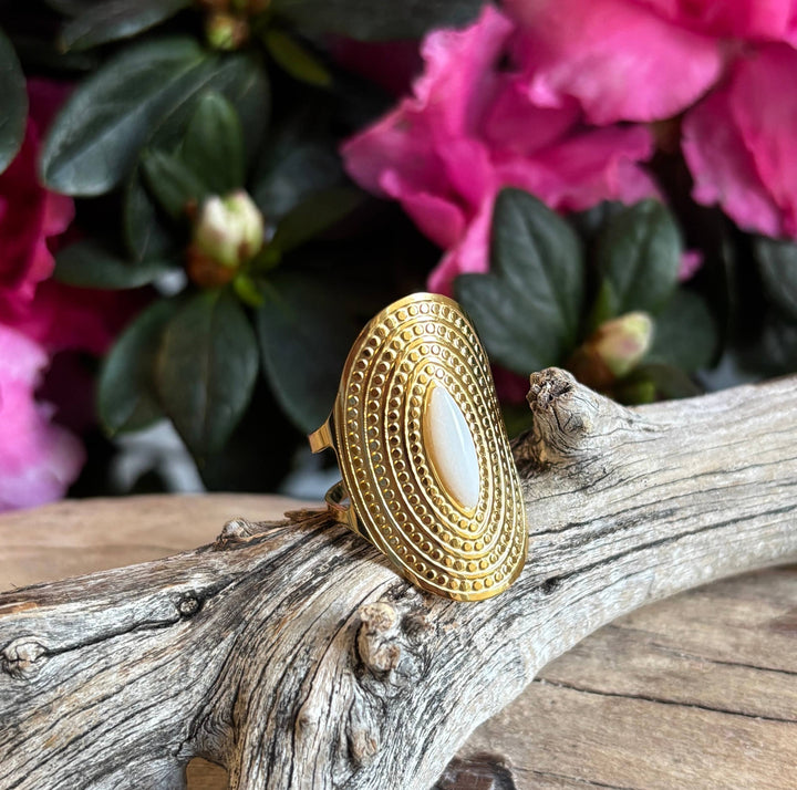 White Jade Adjustable Ring - 18ct Gold Plated