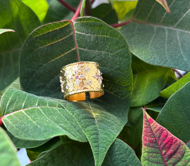 Pink Cubic Zirconia Cuff Adjustable Ring - 18ct Gold Plated