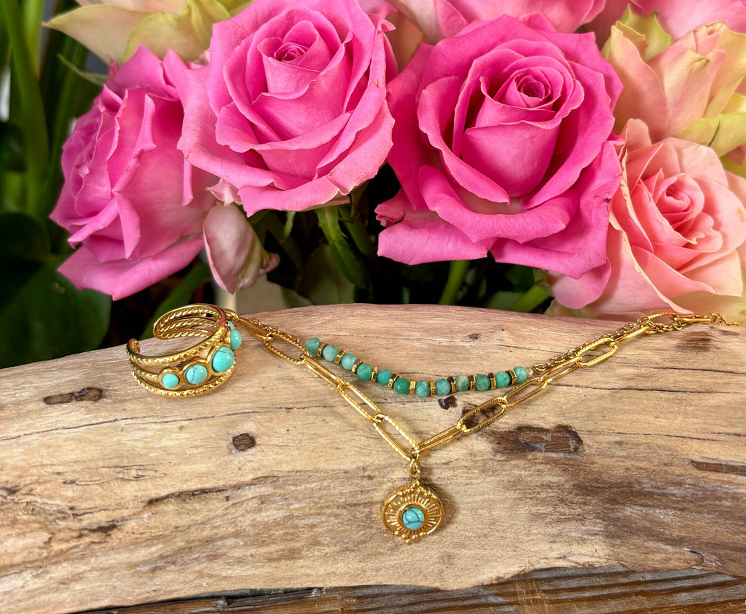 18ct Gold Plated Turquoise Double Chain Bracelet 