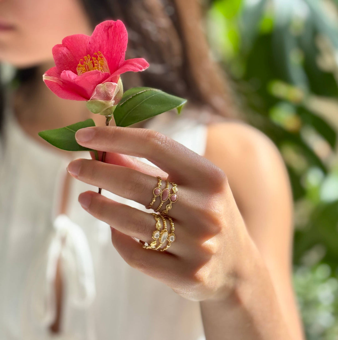 Rhodochrosite Triple Band Adjustable Ring – 18ct Gold Plated