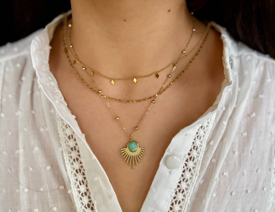 Amazonite Feather Pendant Necklace – 18ct Gold Plated