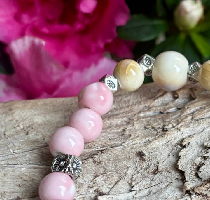 Baby Pink & Beige Ceramic Beads Elastic Bracelet with Tassel Charm