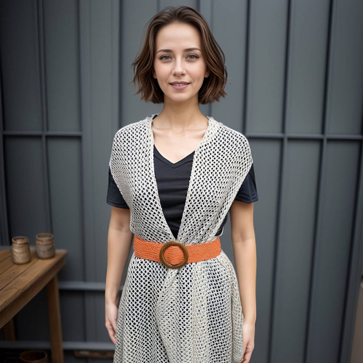 Orange Eco-Friendly Elasticated Paper Belt with Wooden Buckle