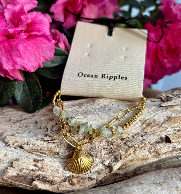 Ocean Ripples 18ct Gold Plated Green Aventurine Shell Bracelet 