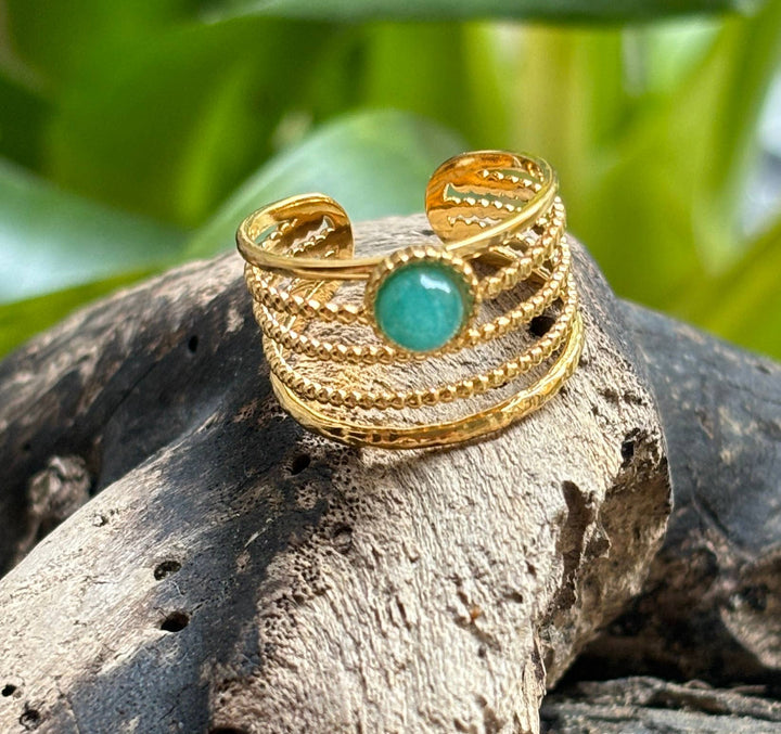 Amazonite Multi Band Adjustable Ring - 18ct Gold Plated