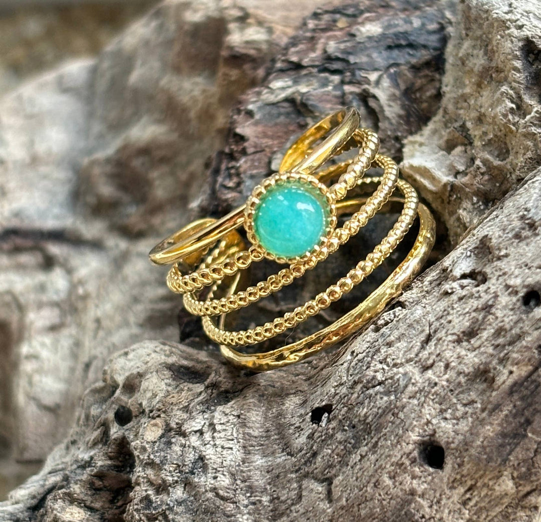 Amazonite Multi Band Adjustable Ring - 18ct Gold Plated