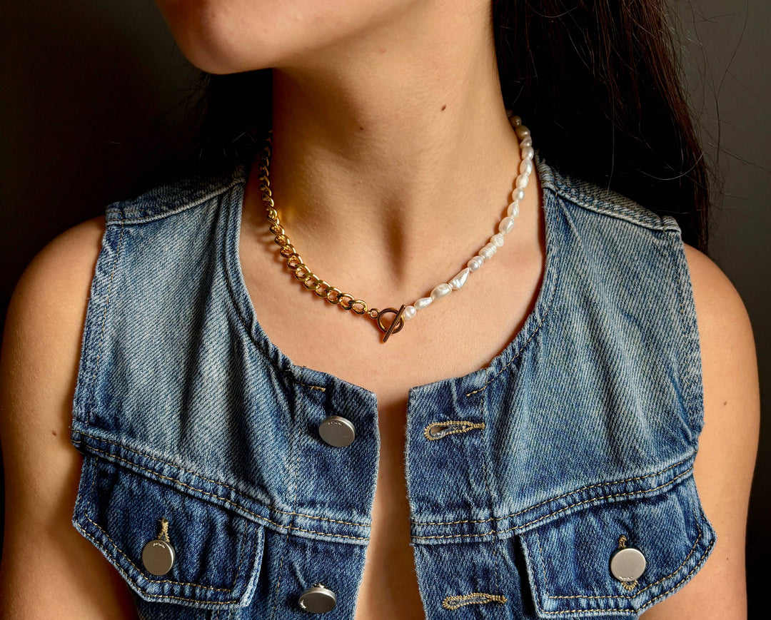 Fresh Water Pearl Chunky Chain T-Bar Necklace – 18ct Gold Plated