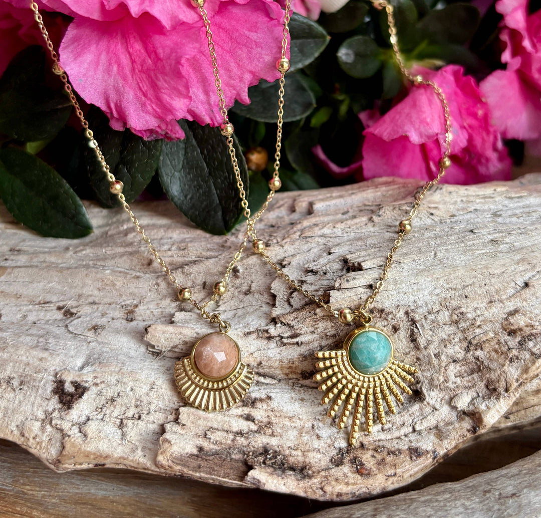 Amazonite Feather Pendant Necklace – 18ct Gold Plated