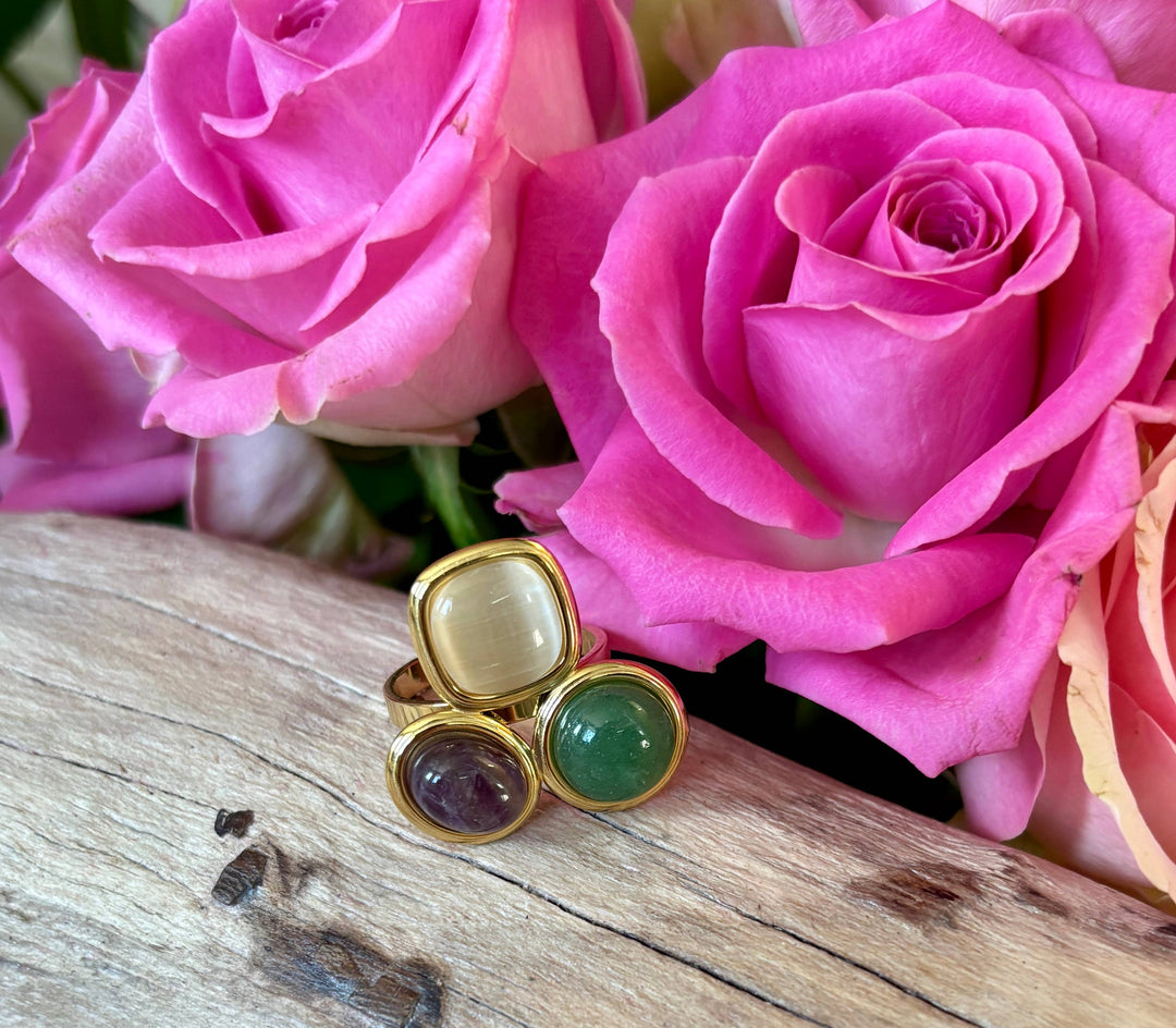Triple Stone Adjustable Ring – Amethyst, Aventurine & Moonstone - 18ct Gold Plated