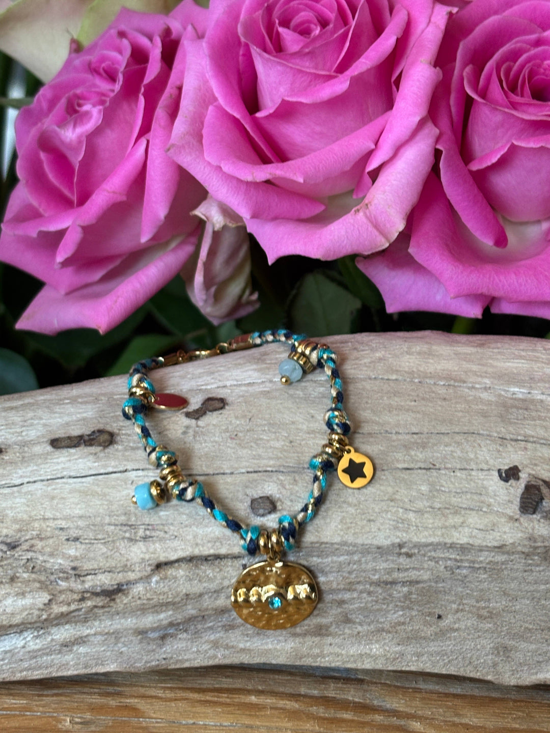 18ct Gold Plated Hammered Disc Rope Bracelet 