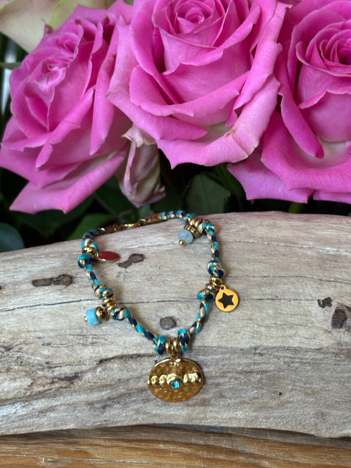 18ct Gold Plated Hammered Disc Rope Bracelet 