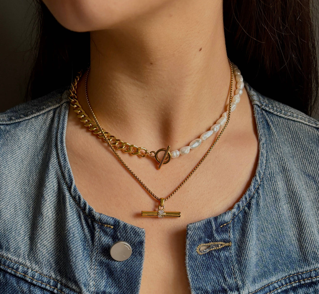 Fresh Water Pearl Chunky Chain T-Bar Necklace – 18ct Gold Plated