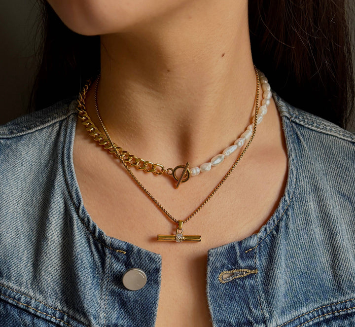 Fresh Water Pearl Chunky Chain T-Bar Necklace – 18ct Gold Plated