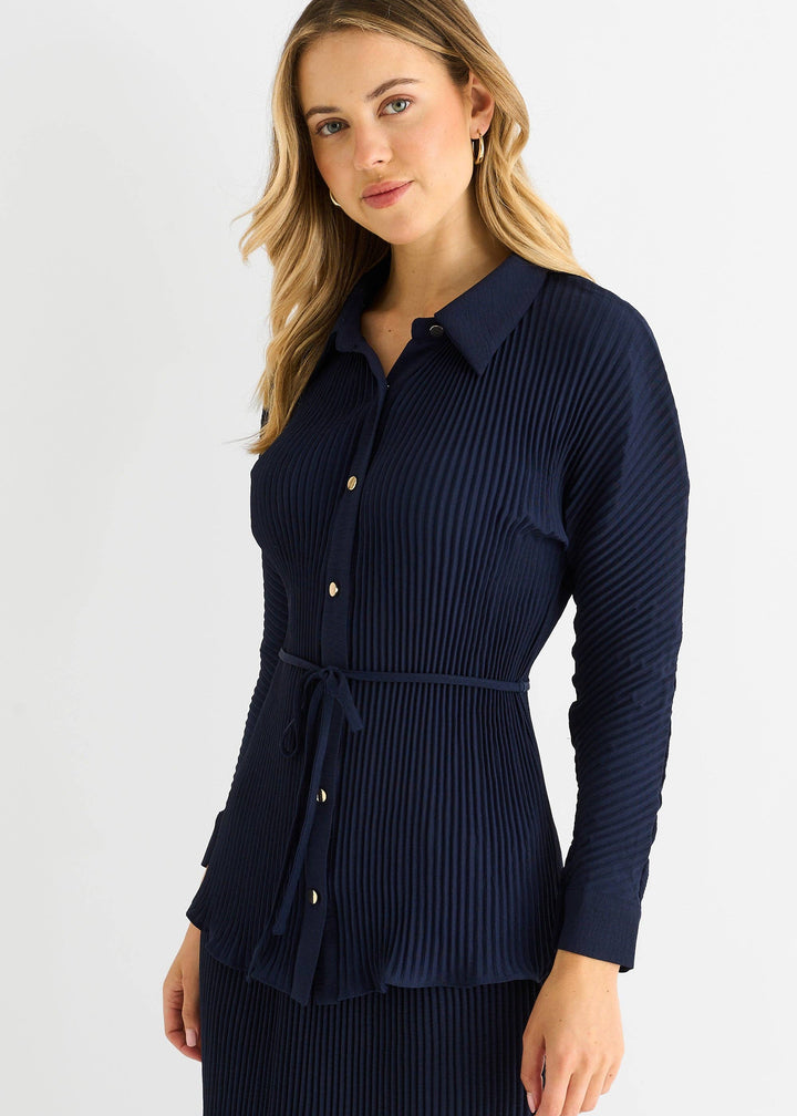 Plisse Button Through Shirt | Navy