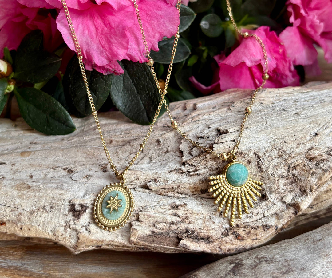 Amazonite Feather Pendant Necklace – 18ct Gold Plated