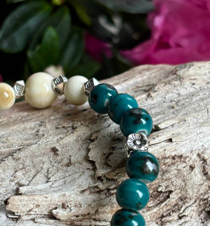 Turquoise & Beige Ceramic Bead Bracelet with Tassel