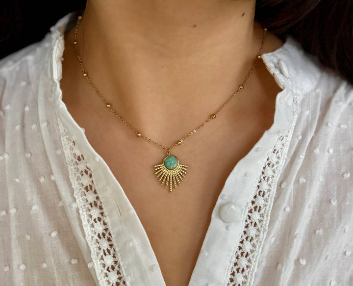 Amazonite Feather Pendant Necklace – 18ct Gold Plated