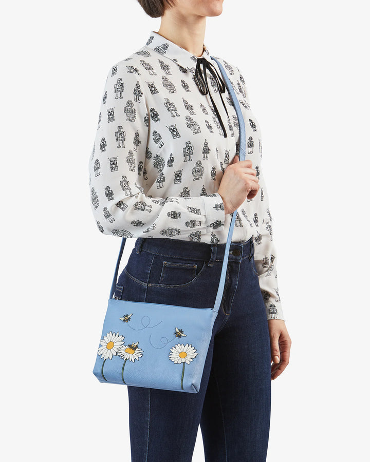 Bee Happy Blue Leather Cross Body Bag | YOSHI