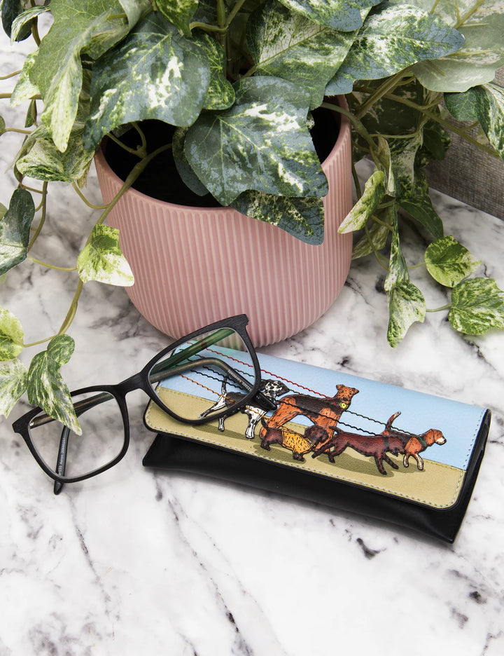 Dog Walk Black Leather Glasses Case