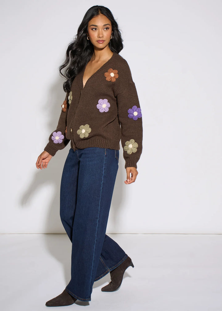 Brown 3D Floral Long Sleeves Knit Cardigan