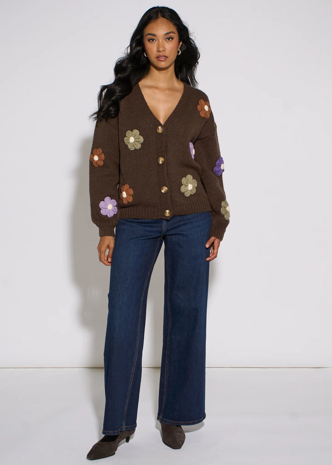 Brown 3D Floral Long Sleeves Knit Cardigan