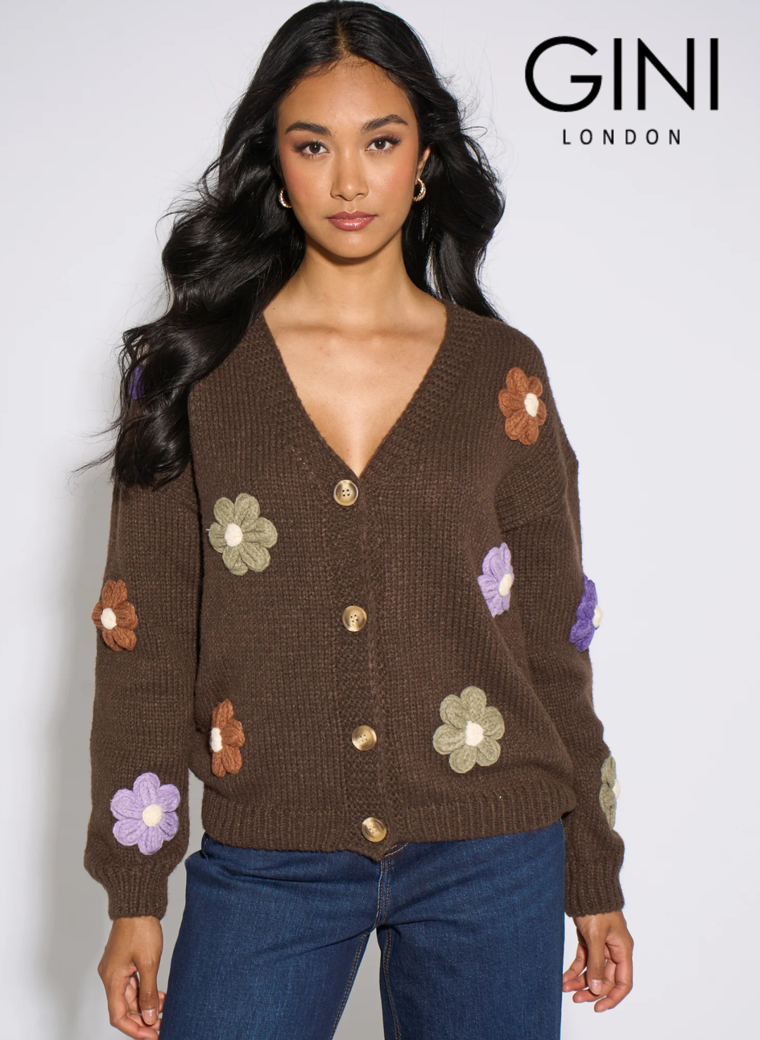 Brown 3D Floral Long Sleeves Knit Cardigan