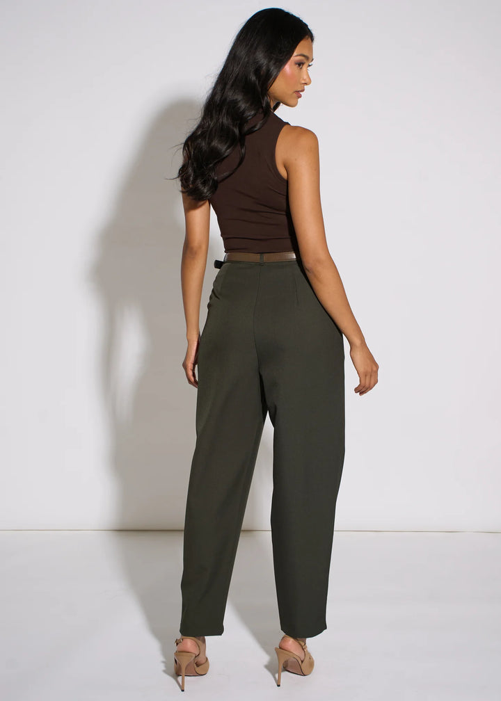 Dark Green Tapered Belted Trouser