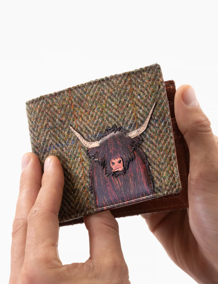 Highland Cow Harris Tweed & Brown Leather Wallet | YOSHI