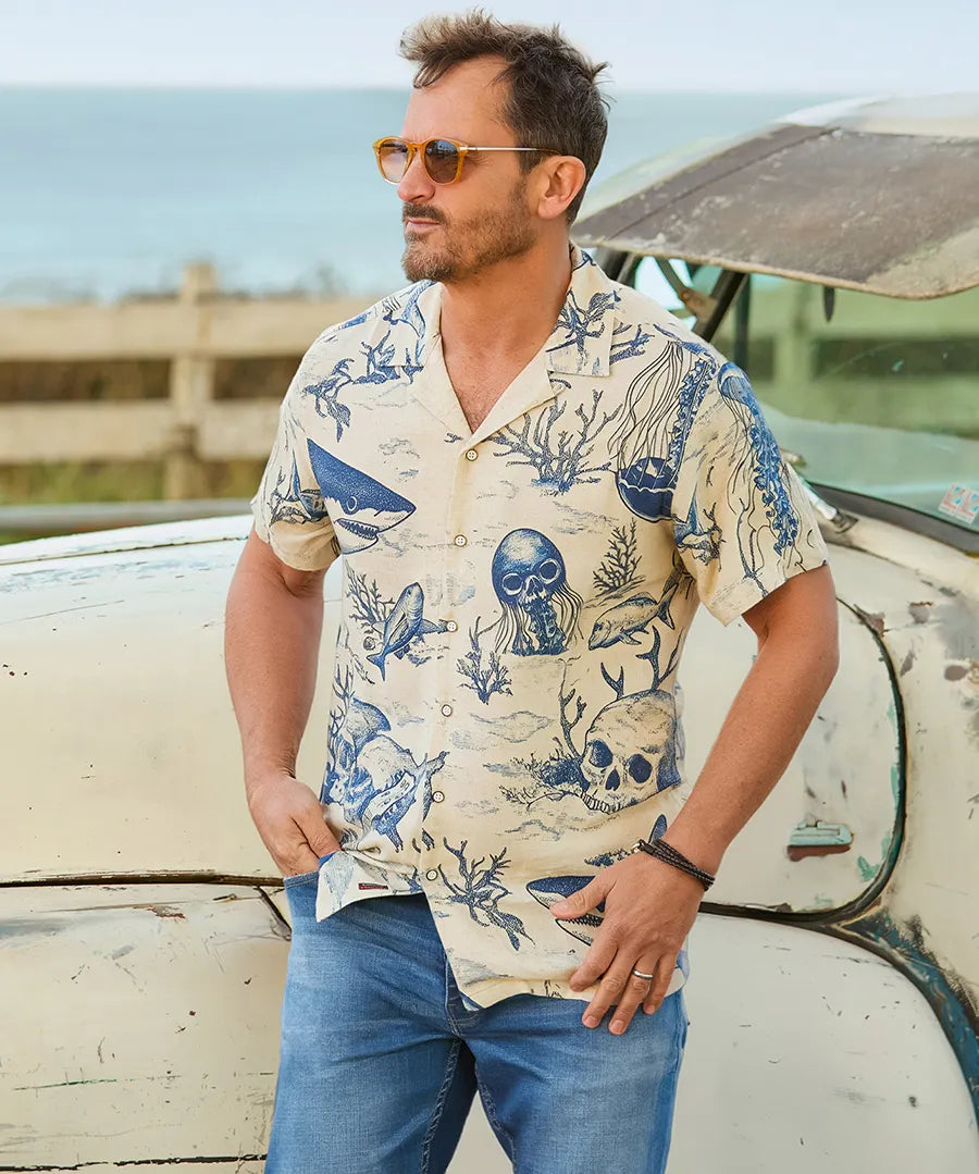 Shark Party Linen Blend Men's Shirt | Joe Browns