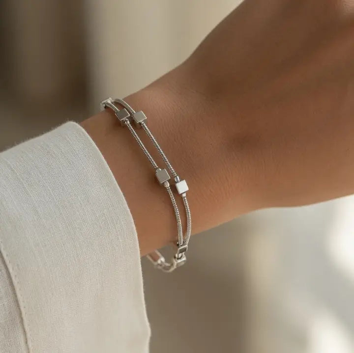 Double Layer Square Bead Bracelet- Silver - Gold