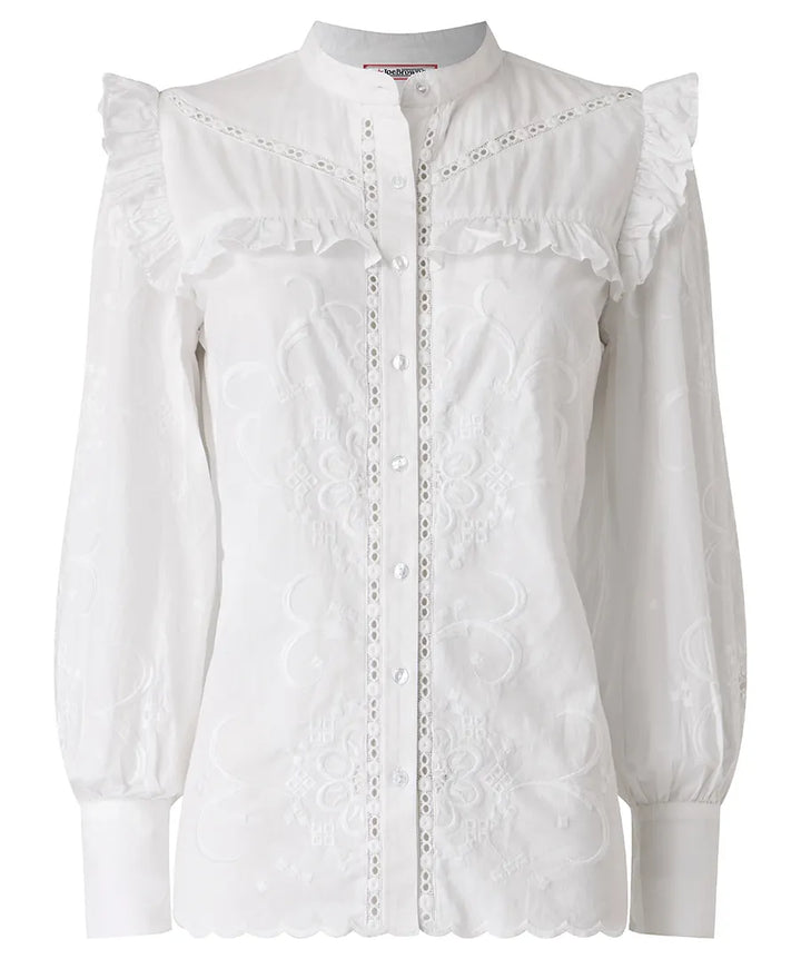 Beautiful Embroidered Button Through Blouse With Frill Detail