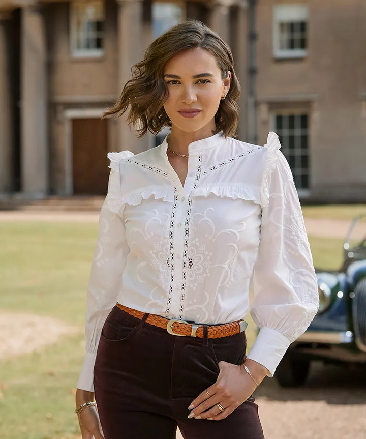 Beautiful Embroidered Button Through Blouse With Frill Detail