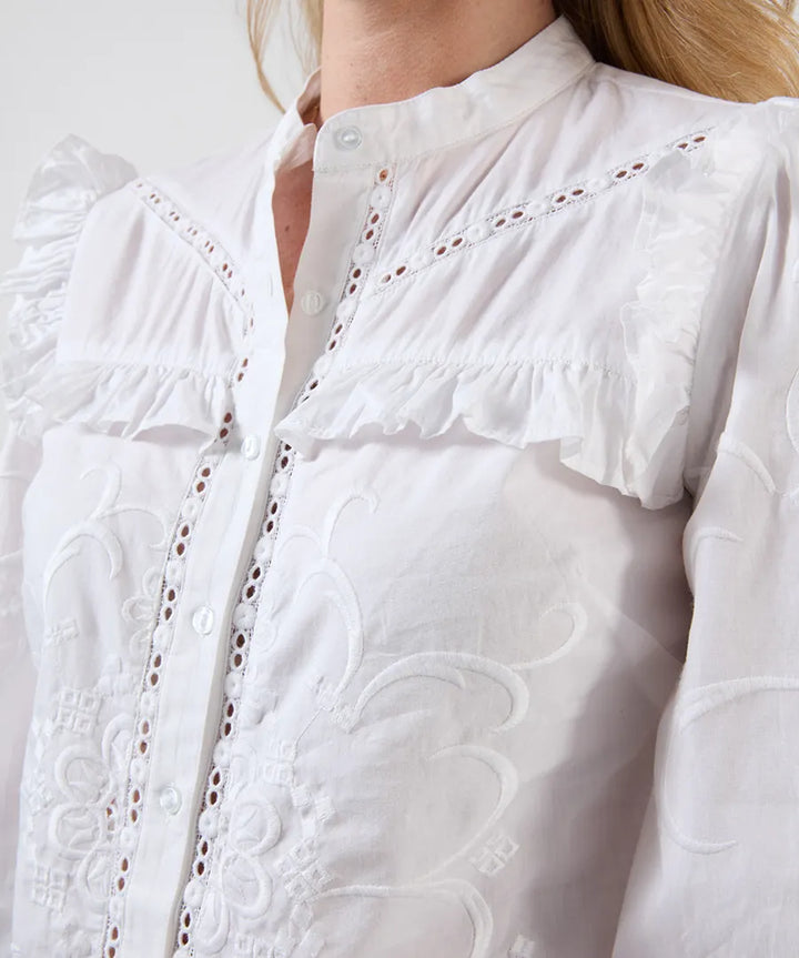 Beautiful Embroidered Button Through Blouse With Frill Detail