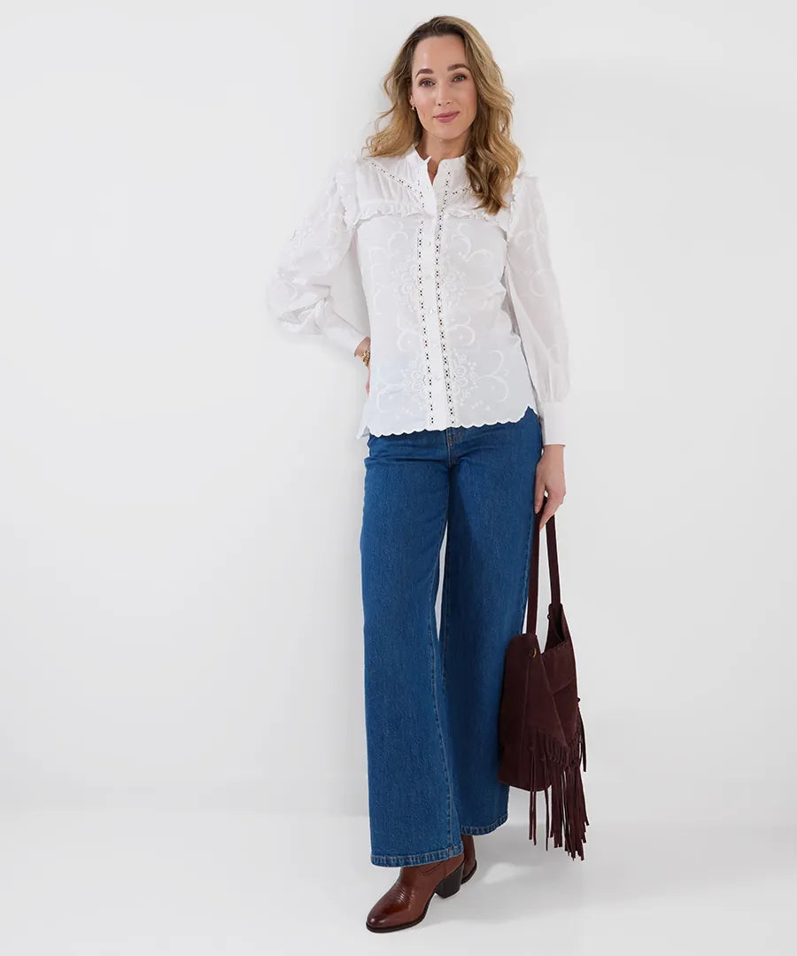 Beautiful Embroidered Button Through Blouse With Frill Detail