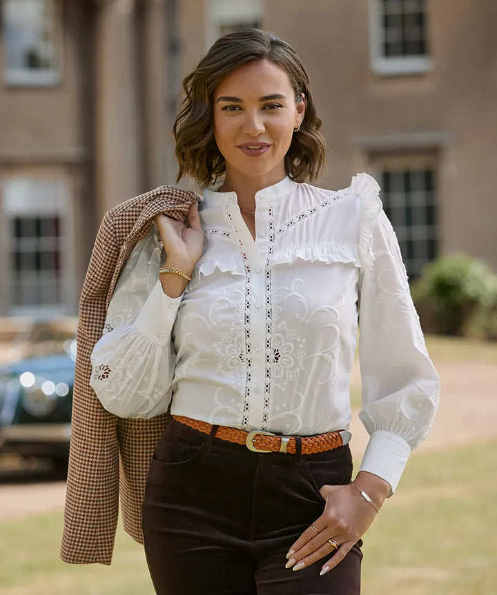 Beautiful Embroidered Button Through Blouse With Frill Detail