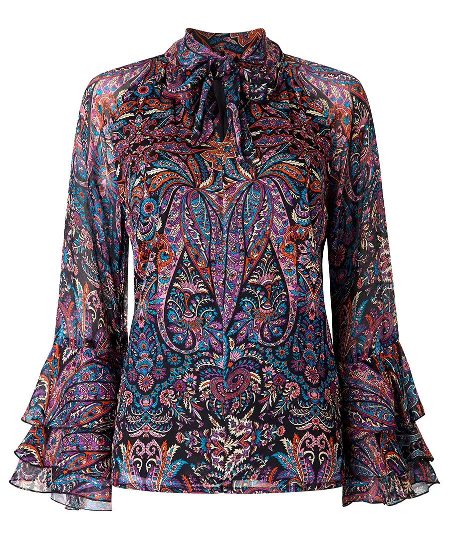 Boho Print Tie Neck Blouse With Ruffle Sleeve Detail