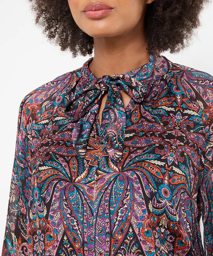 Boho Print Tie Neck Blouse With Ruffle Sleeve Detail