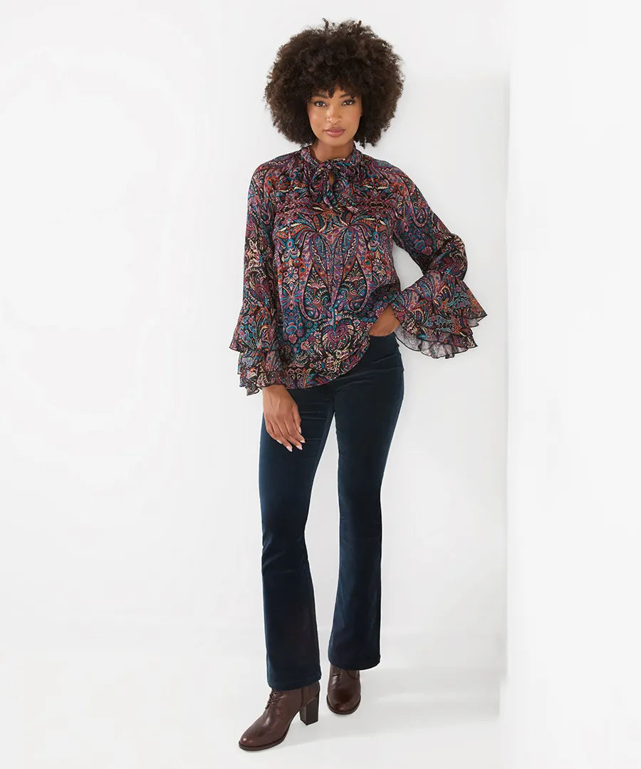 Boho Print Tie Neck Blouse With Ruffle Sleeve Detail