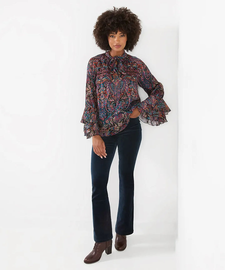 Boho Print Tie Neck Blouse With Ruffle Sleeve Detail