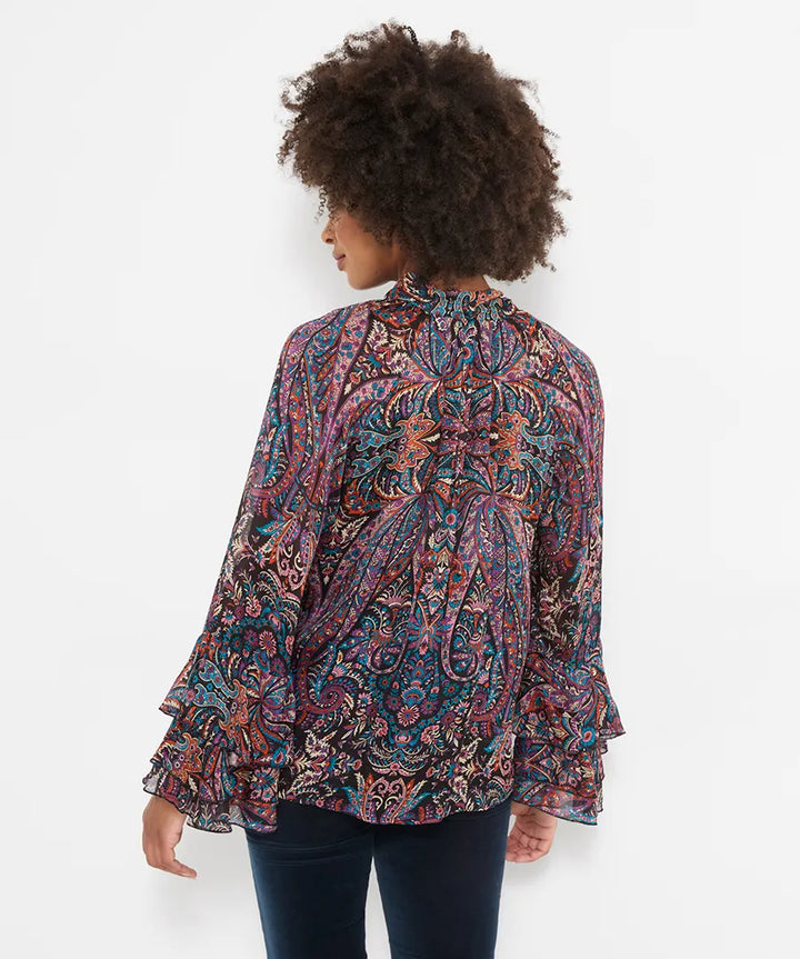 Boho Print Tie Neck Blouse With Ruffle Sleeve Detail